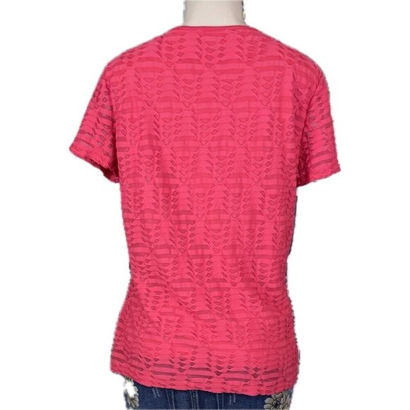 Calvin Klein L Red Coral Sheer Textured Inlay Lined Scoop Neck Short Sleeve Top - Picture 3 of 6
